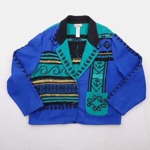 Vintage Coldwater Creek Jacket Womens L Blue Green Crochet Floral Tribal Blazer‎